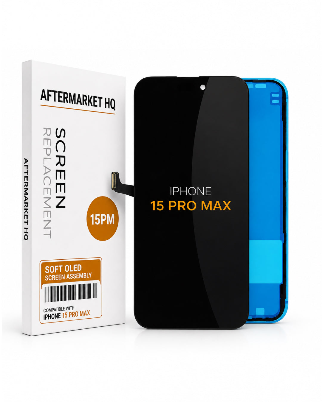A replacement screen assembly for an iPhone 15 Pro Max by Aftermarket HQ, shown with its white retail box and the black screen panel alongside a blue phone frame.