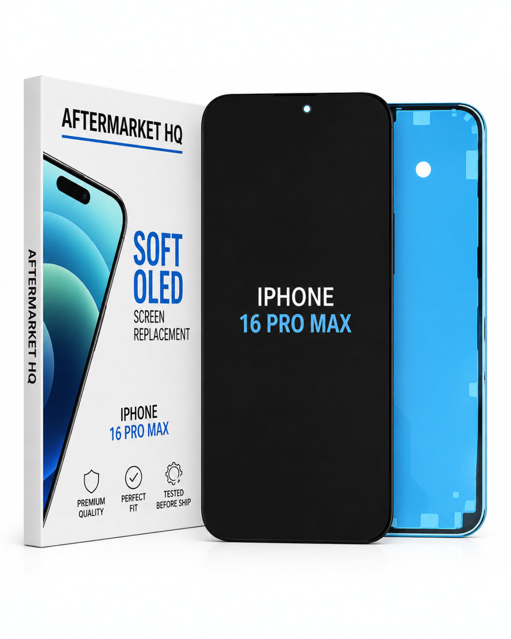 A smartphone screen replacement kit shown on a white background, including the Aftermarket HQ retail box, a black tempered glass screen protector labeled 'IPHONE 16 PRO MAX,' and a blue smartphone back view.