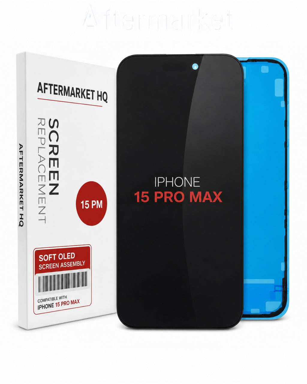 Aftermarket HQ iPhone 15 Pro Max replacement screen assembly shown with its white retail box. The screen assembly is black on the front with a blue back plate visible, and the box indicates compatibility with iPhone 15 Pro Max and a 15 PM screen size.