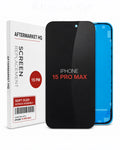 Aftermarket HQ iPhone 15 Pro Max replacement screen assembly shown with its white retail box. The screen assembly is black on the front with a blue back plate visible, and the box indicates compatibility with iPhone 15 Pro Max and a 15 PM screen size.