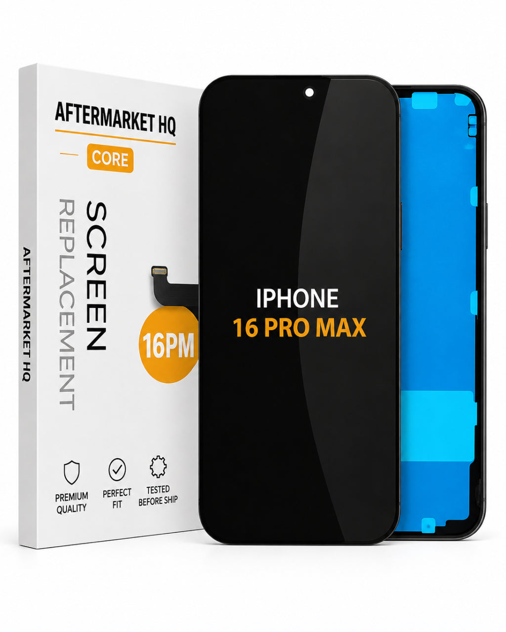 A replacement screen for an iPhone 16 Pro Max by Aftermarket HQ, shown with its white retail box, a black front glass panel, and a blue back glass panel on a clean white background.