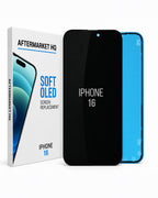 Aftermarket HQ Soft OLED Screen Replacement for iPhone 16, showing the black replacement screen in the center, the blue adhesive backing on the right, and the white retail box on the left.