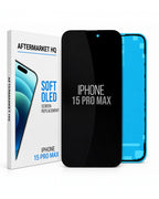 Aftermarket HQ iPhone 15 Pro Max screen replacement kit, showing the retail box, a black replacement glass panel, and a blue-backed phone mockup on a white background.