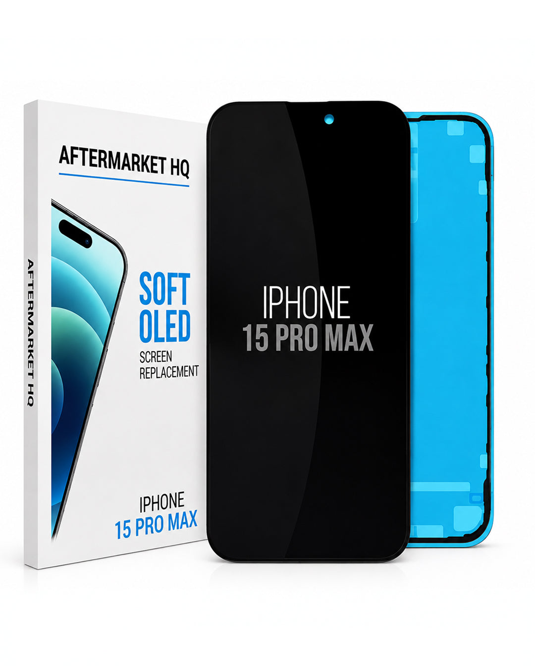 Aftermarket HQ iPhone 15 Pro Max screen replacement kit, showing the retail box, a black replacement glass panel, and a blue-backed phone mockup on a white background.