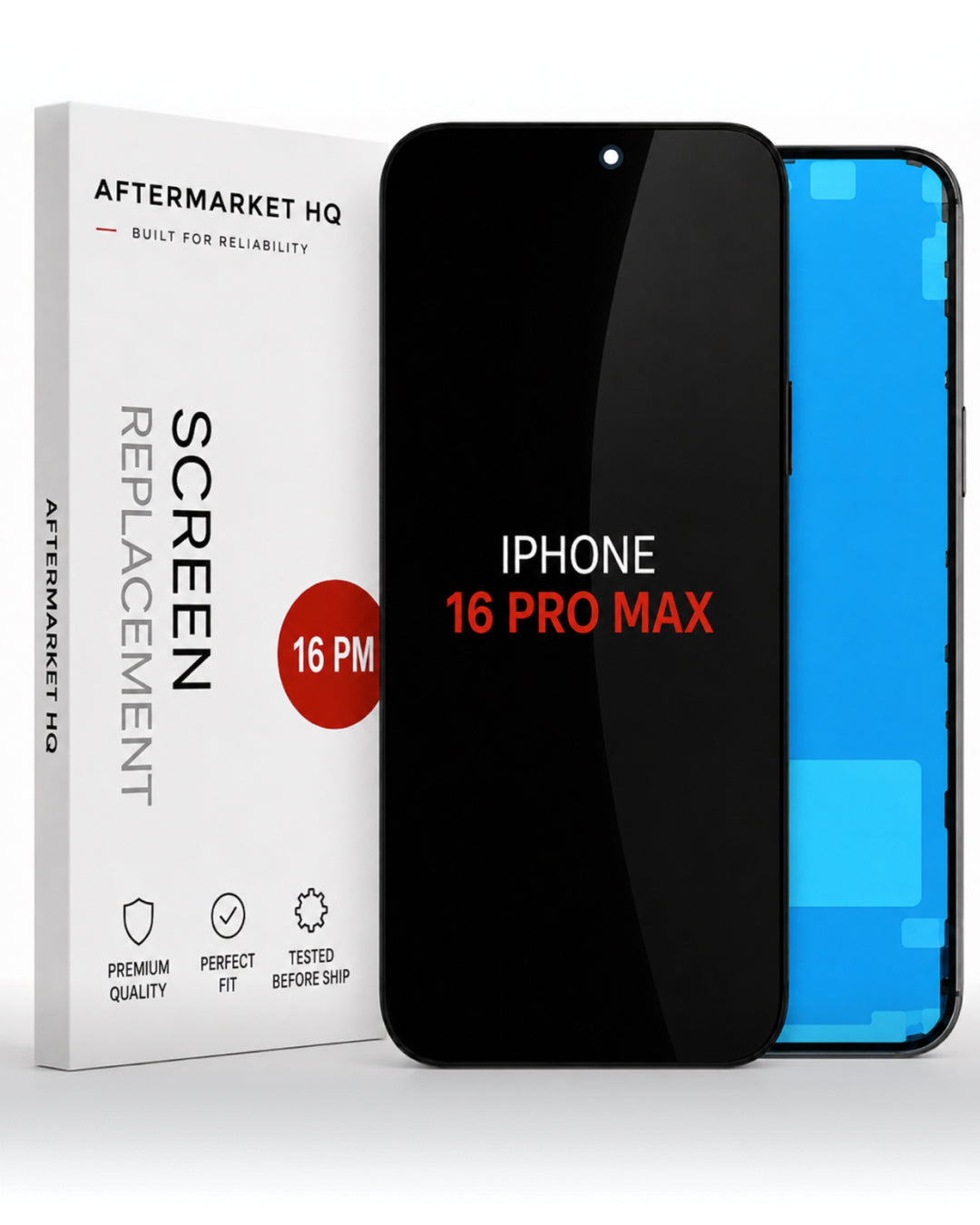 Aftermarket HQ iPhone 16 Pro Max replacement screen kit, showing the white retail box, a black phone mockup with the screen on, and a blue phone mockup with the screen off, on a white background.