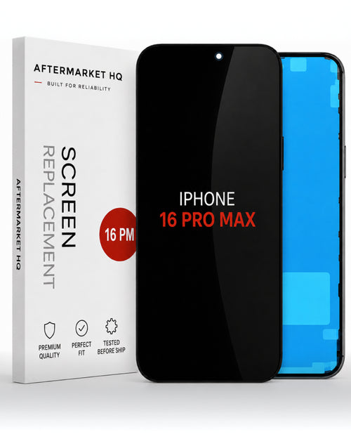 Aftermarket HQ iPhone 16 Pro Max replacement screen kit, showing the white retail box, a black phone mockup with the screen on, and a blue phone mockup with the screen off, on a white background.