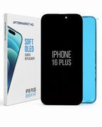 Aftermarket HQ iPhone 16 Plus Soft OLED Screen Replacement display kit, featuring a black replacement screen panel, a blue phone body, and the white retail box.