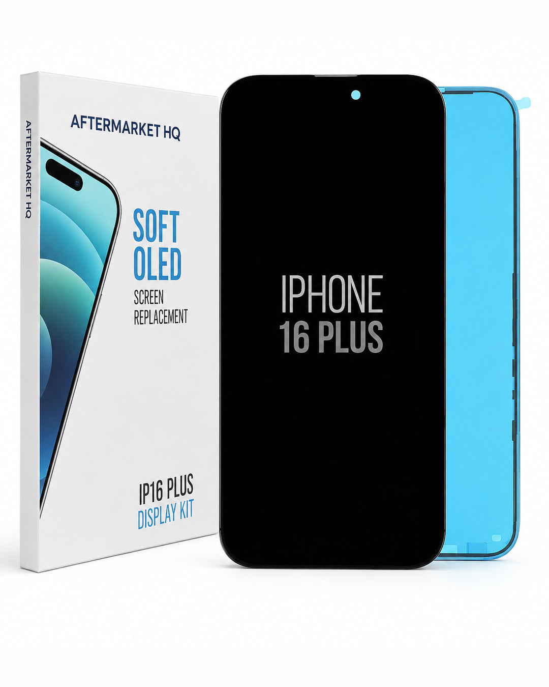 Aftermarket HQ iPhone 16 Plus Soft OLED Screen Replacement display kit, featuring a black replacement screen panel, a blue phone body, and the white retail box.