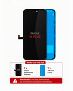 Black replacement screen and adhesive frame assembly for an iPhone 16 Plus, shown with a blue adhesive frame and a product contents summary graphic below.