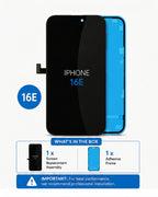 iPhone 16E screen replacement assembly and adhesive frame kit shown on a white background, with a blue circular '16E' badge and a 'What's in the box' summary below.