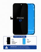 A replacement screen digitizer and adhesive frame set for an iPhone 17, shown on a white background with an informational box below detailing the included screen replacement assembly and adhesive frame.