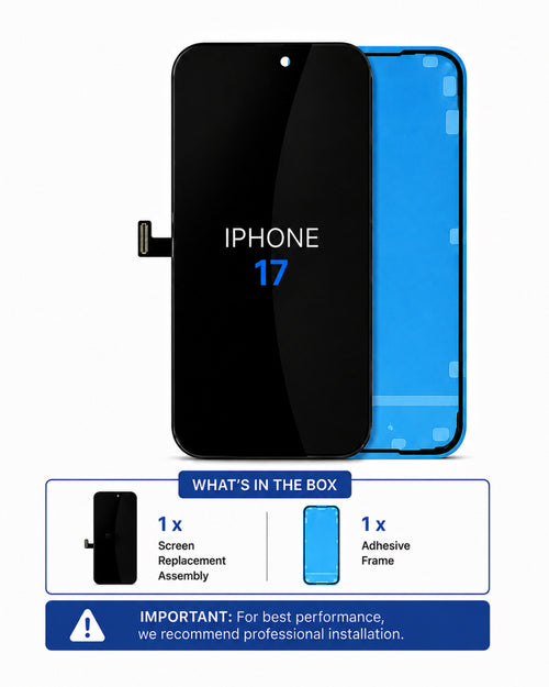 A replacement screen digitizer and adhesive frame set for an iPhone 17, shown on a white background with an informational box below detailing the included screen replacement assembly and adhesive frame.
