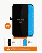 A replacement iPhone 16E screen and adhesive frame kit shown on a white background, with a front view of the black replacement screen, a blue adhesive frame behind it, an orange '16E' badge, and a 'What's in the box' summary at the bottom.