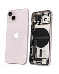 A light pink iPhone shown from the back alongside its opened internal chassis, displaying the camera module, battery, and internal components on a clean white background.