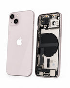 A light pink iPhone shown from the back alongside its opened internal chassis, displaying the camera module, battery, and internal components on a clean white background.