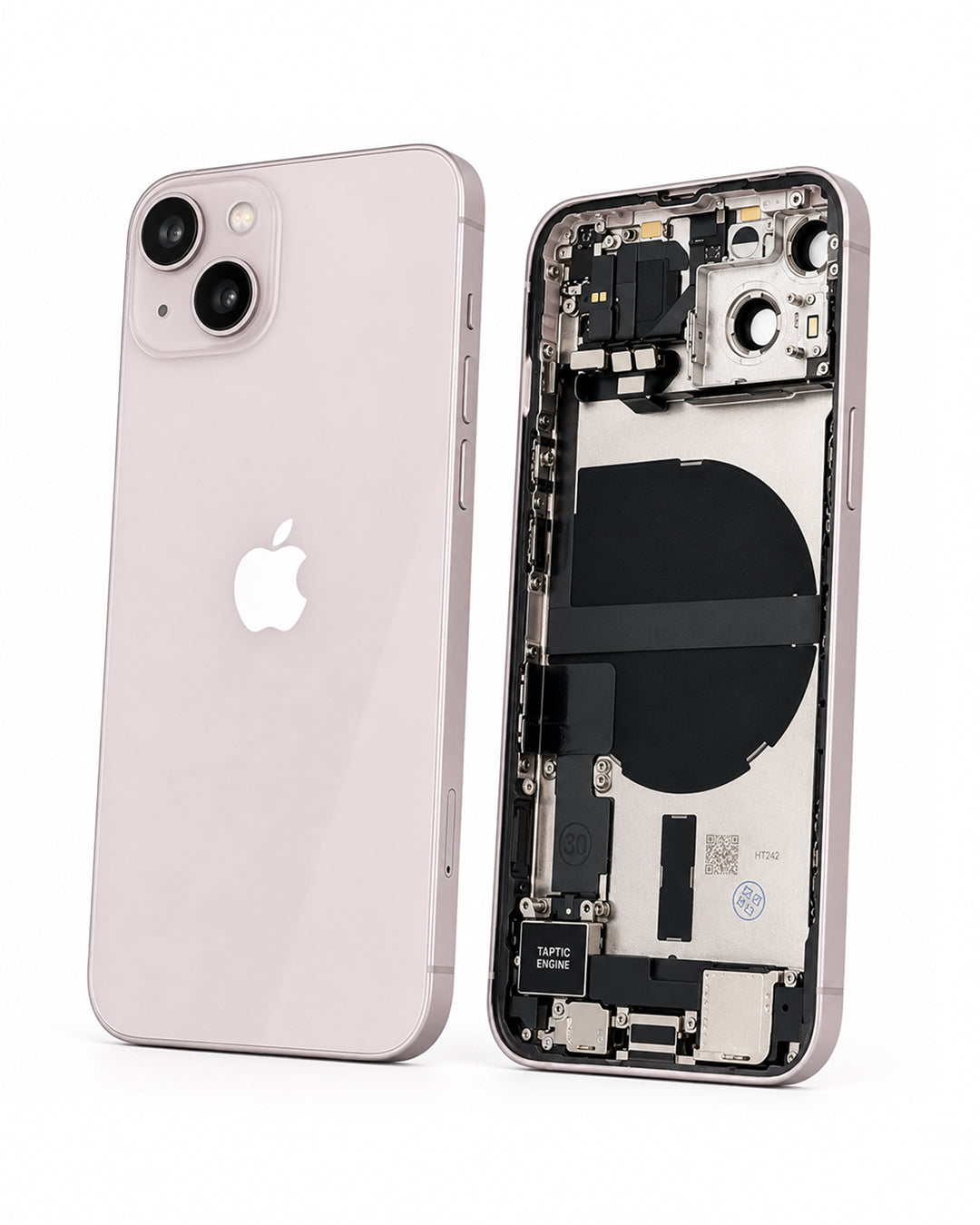 A light pink iPhone shown from the back alongside its opened internal chassis, displaying the camera module, battery, and internal components on a clean white background.