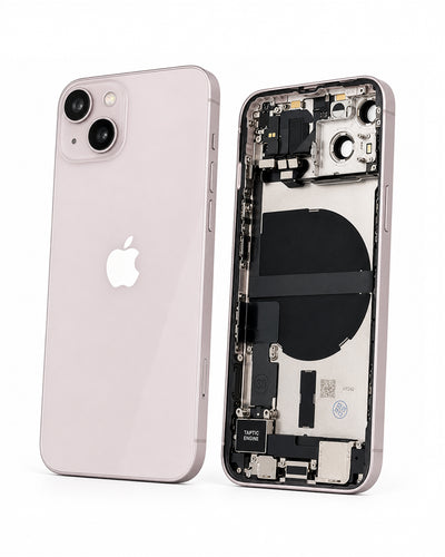A light pink iPhone shown from the back alongside its opened internal chassis, displaying the camera module, battery, and internal components on a clean white background.
