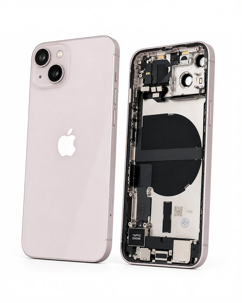 A light pink iPhone shown from the back alongside its opened internal chassis, displaying the camera module, battery, and internal components on a clean white background.