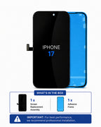 A replacement iPhone 17 screen and frame assembly shown on a white background, with a front view of a black screen and a blue frame behind it. Below, a box-style summary reads 'WHAT'S IN THE BOX' with one screen replacement assembly and one adhesive frame, plus a note recommending professional installation.