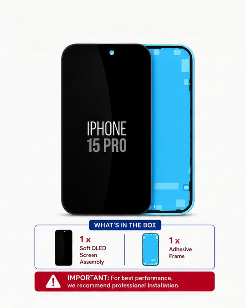 An iPhone 15 Pro replacement screen assembly product shown on a white background, with the front black glass panel labeled 'IPHONE 15 PRO' and the back side revealing a bright blue adhesive frame. Below, a box-style summary reads 'WHAT'S IN THE BOX' with one screen assembly and one adhesive frame, plus a red installation warning.