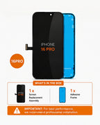 Replacement screen and adhesive frame set for an iPhone 16 Pro, showing the front black screen assembly, blue adhesive frame, and included accessories on a white background with text detailing the contents.