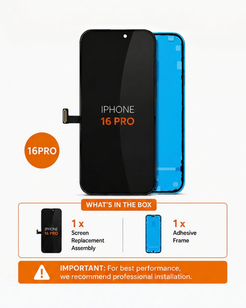 Replacement screen and adhesive frame set for an iPhone 16 Pro, showing the front black screen assembly, blue adhesive frame, and included accessories on a white background with text detailing the contents.