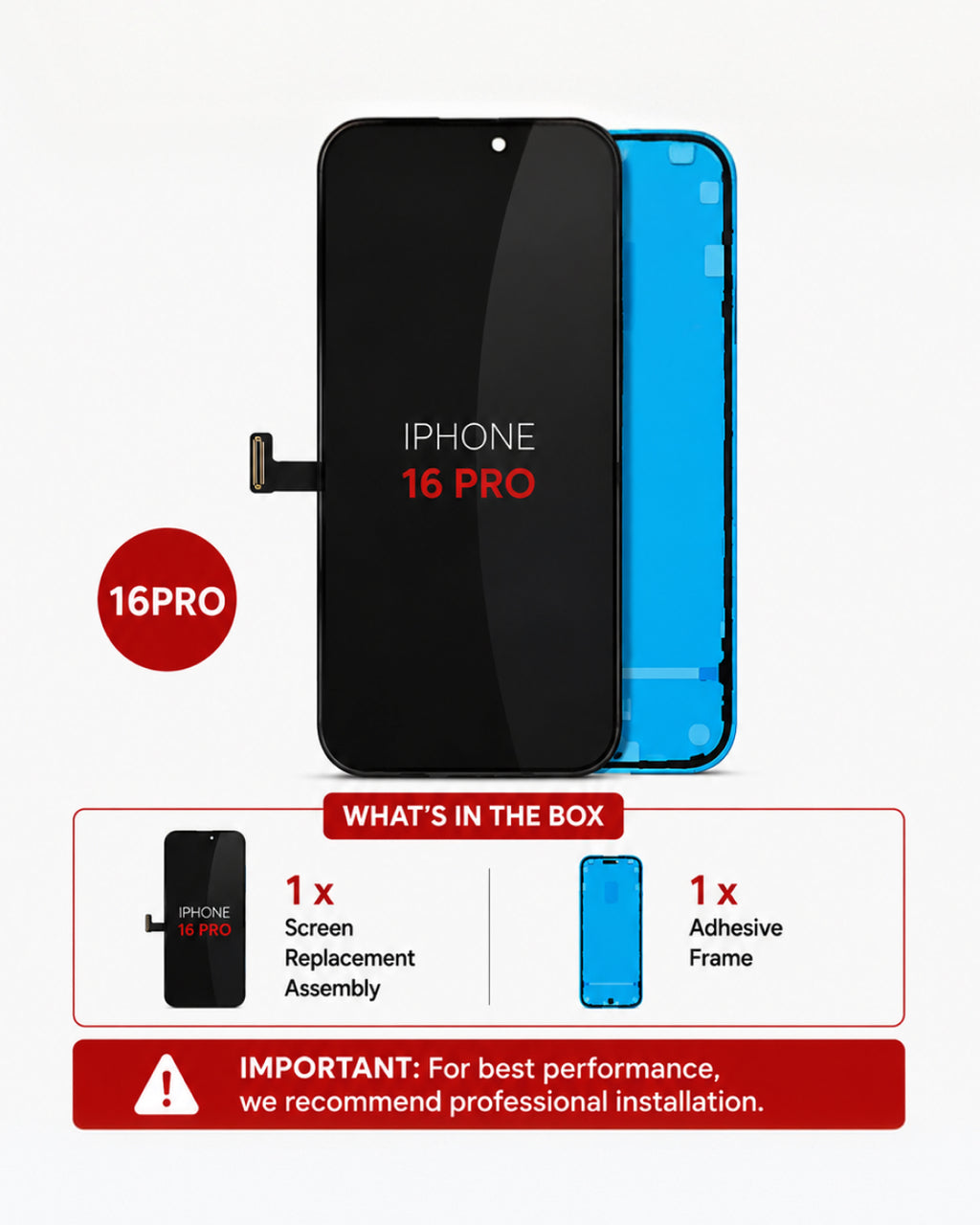 A replacement screen and adhesive frame set for an iPhone 16 Pro, shown on a white background with product details and packaging contents below.