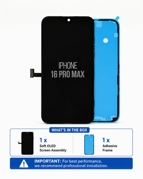 A replacement screen assembly for an iPhone 16 Pro Max, showing the black front glass panel and the blue adhesive frame behind it, with a 'What's in the box' and installation note banner at the bottom.