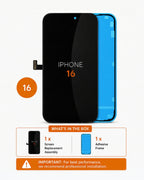 A replacement screen display assembly for an iPhone 16, showing the black front glass panel with orange 'IPHONE 16' text and a blue adhesive frame behind it. The image includes an orange '16' badge and a 'What's in the box' section listing the screen replacement assembly and adhesive frame.