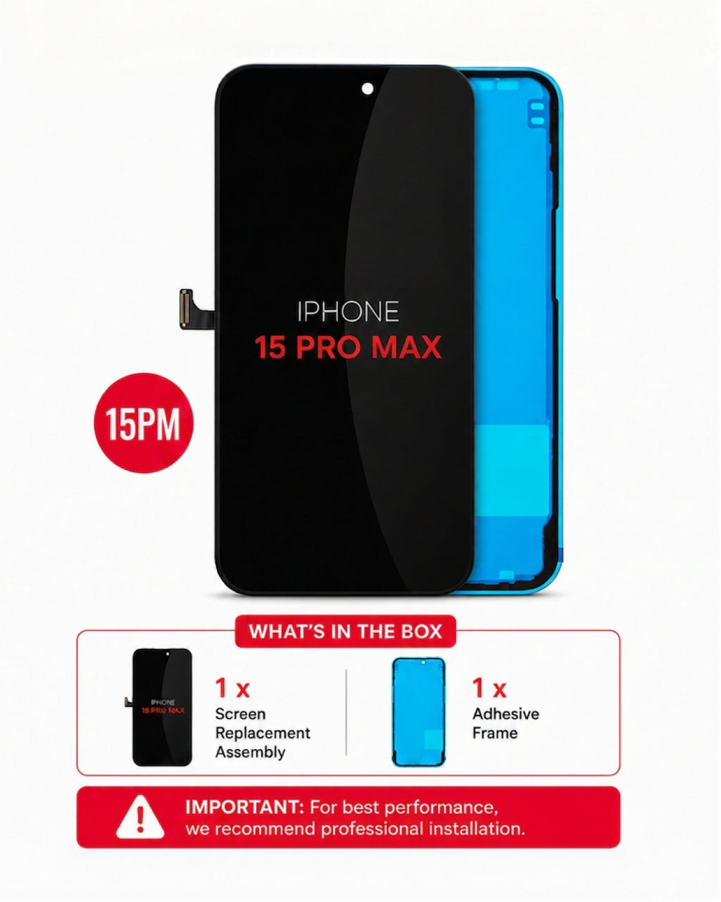 Replacement screen assembly and adhesive frame for an iPhone 15 Pro Max, shown on a white background with product details and a 'What's in the box' summary.