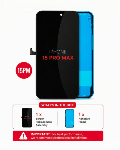 Replacement screen assembly and adhesive frame for an iPhone 15 Pro Max, shown on a white background with product details and a 'What's in the box' summary.