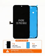 A replacement iPhone 16 Pro Max OLED screen assembly and adhesive frame kit, shown on a white background with an informational graphic at the bottom detailing the contents and installation recommendation.