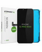 A replacement screen glass for an iPhone 13 Pro Max by Aftermarket HQ, shown with its white retail box, a black screen panel, and a bright blue protective frame on a white background.