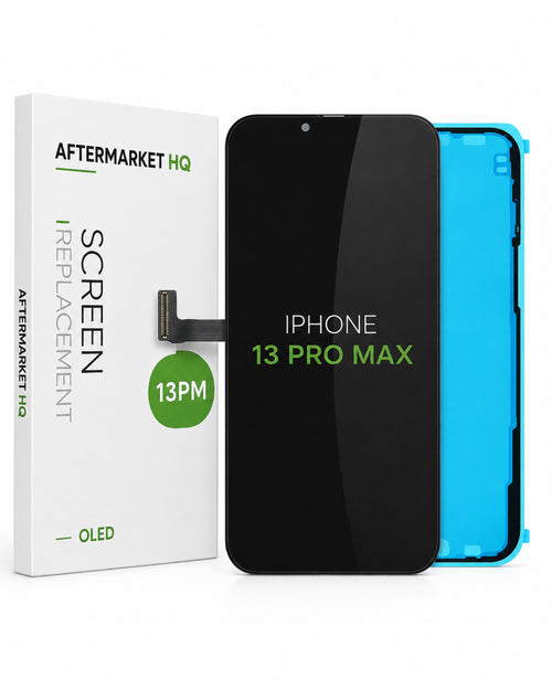 A replacement screen glass for an iPhone 13 Pro Max by Aftermarket HQ, shown with its white retail box, a black screen panel, and a bright blue protective frame on a white background.