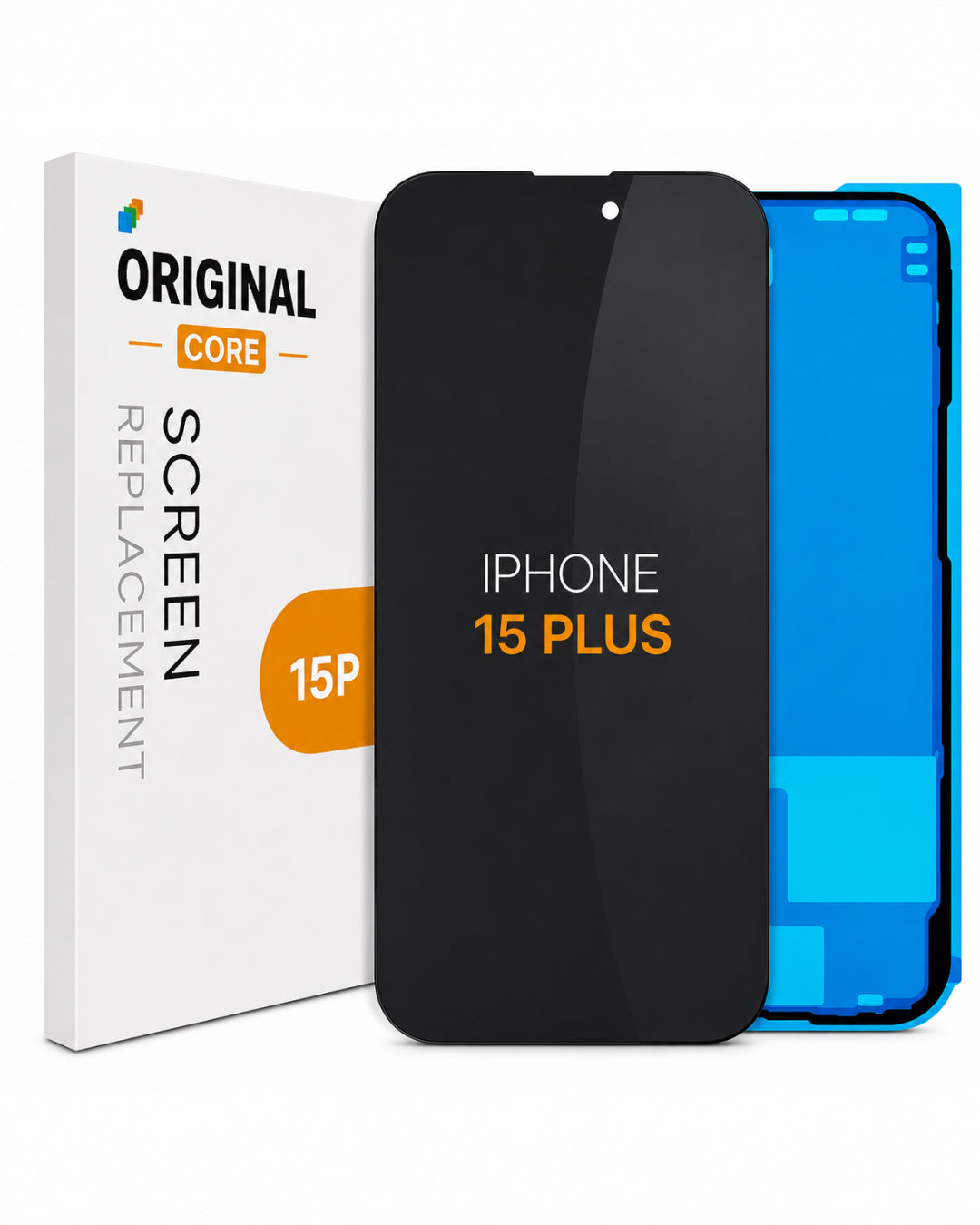 A replacement screen for an iPhone 15 Plus, shown with its white retail box, a black tempered glass protector in the center, and a blue phone frame behind it on a white background.