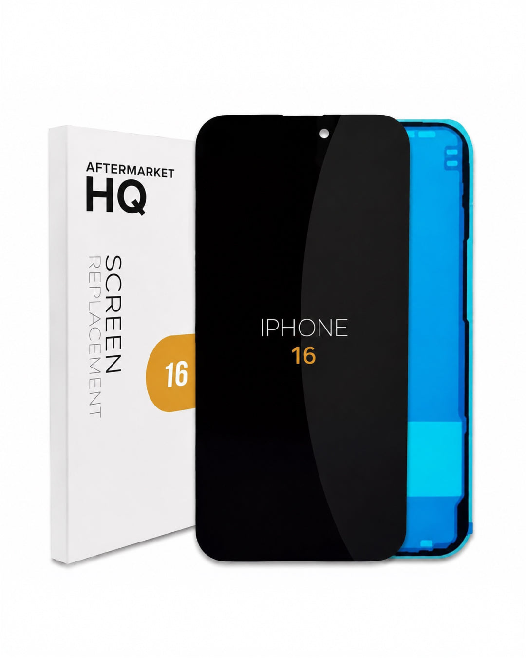 A replacement screen for an iPhone 16 by Aftermarket HQ, shown with its white retail box, a black front glass panel, and a blue backing sheet on a white background.