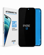 Aftermarket HQ Soft OLED iPhone 17 screen replacement kit, showing the retail box, a black replacement screen, and a blue phone frame on a white background.