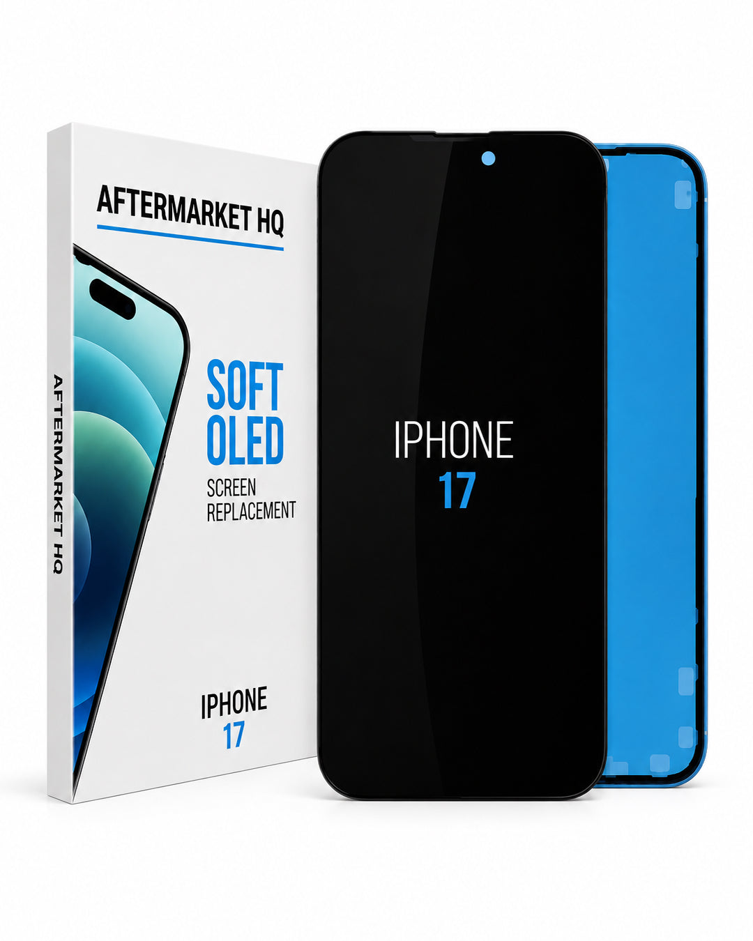 Aftermarket HQ Soft OLED iPhone 17 screen replacement kit, showing the retail box, a black replacement screen, and a blue phone frame on a white background.