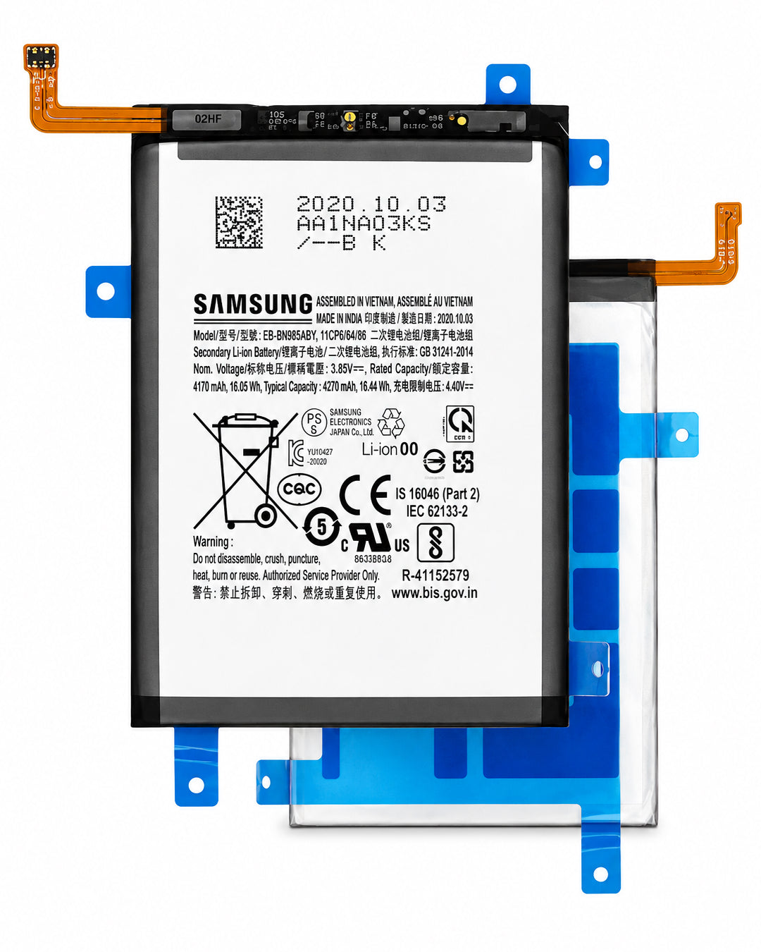 A Samsung assembled Li-ion battery shown from the back, featuring a white label with black text and various certification logos, mounted on blue and orange protective carrier strips against a white background.