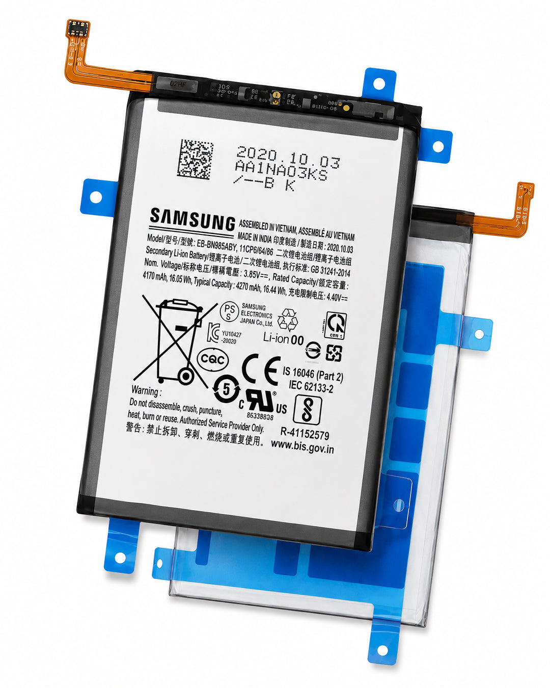 A Samsung replacement lithium-ion battery with a white label, black casing, blue terminal clips, and orange flex cables, shown on a clean white background.