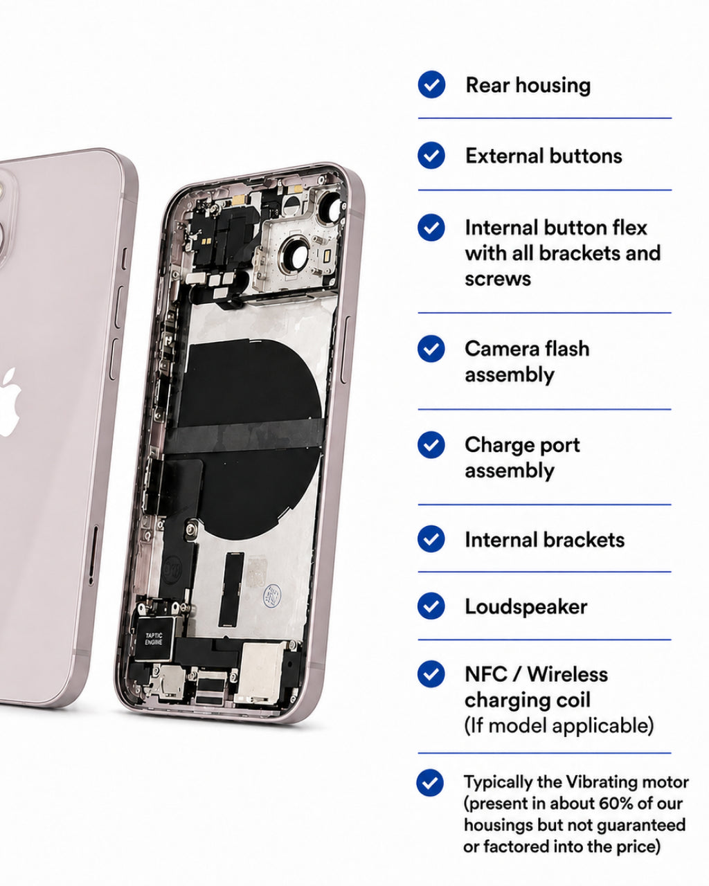 An iPhone rear housing disassembled to show internal components, with a checklist of included parts on the right side, photographed on a white background.