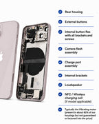 An iPhone rear housing disassembled to show internal components, with a checklist of included parts on the right side, photographed on a white background.