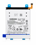 A Samsung secondary lithium battery with a white body, black printed text and symbols, and blue plastic terminal covers at the top and bottom, shown on a white background.