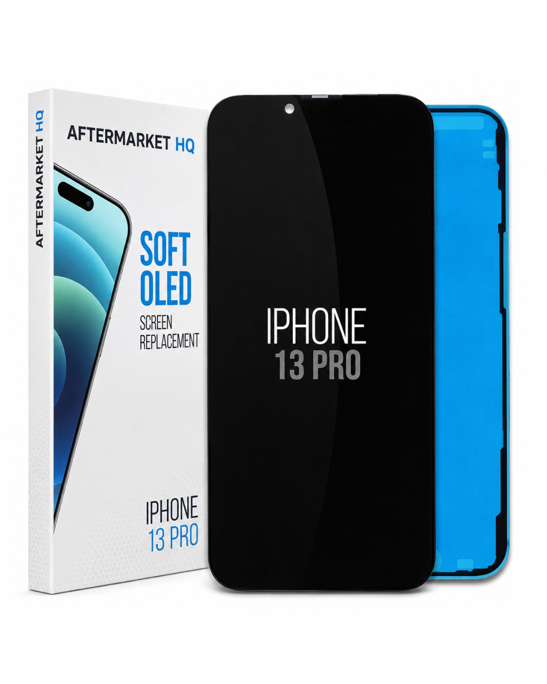 Aftermarket HQ iPhone 13 Pro screen replacement kit, showing the retail box, a black replacement screen, and a blue phone frame on a white background.