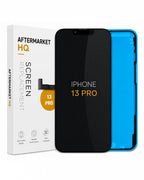 A replacement screen for an iPhone 13 Pro, shown with its white retail box. The screen assembly is black with a blue protective edge, and the packaging features the Aftermarket HQ brand name.