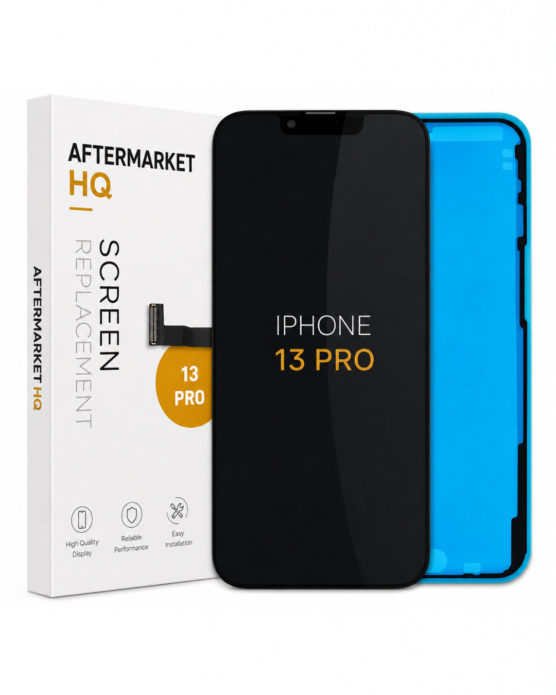 A replacement screen for an iPhone 13 Pro, shown with its white retail box. The screen assembly is black with a blue protective edge, and the packaging features the Aftermarket HQ brand name.