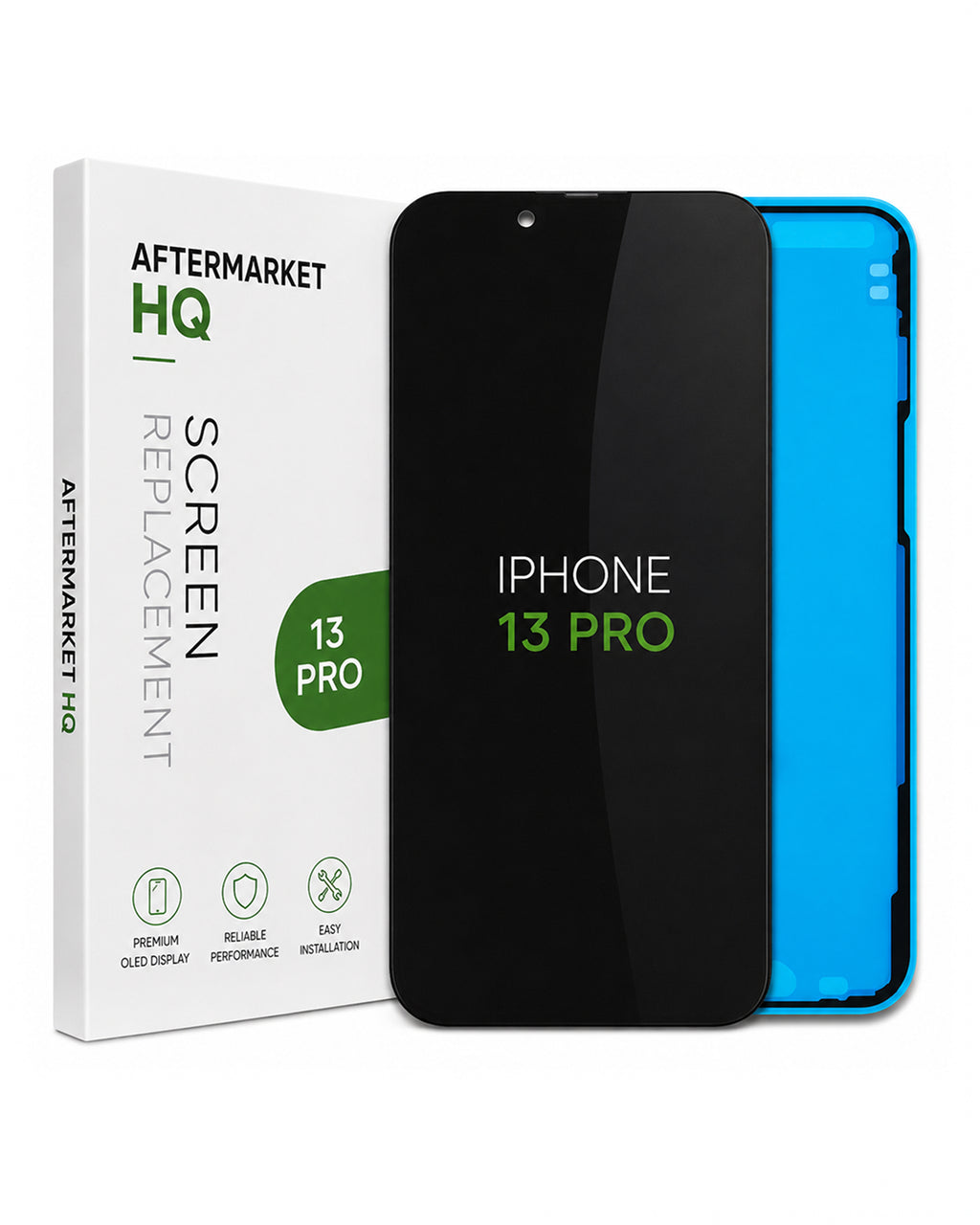 Aftermarket HQ screen replacement film shown with its white retail box and a black smartphone mockup displaying 'IPHONE 13 PRO' text, alongside a bright blue phone edge visible behind it on a white background.