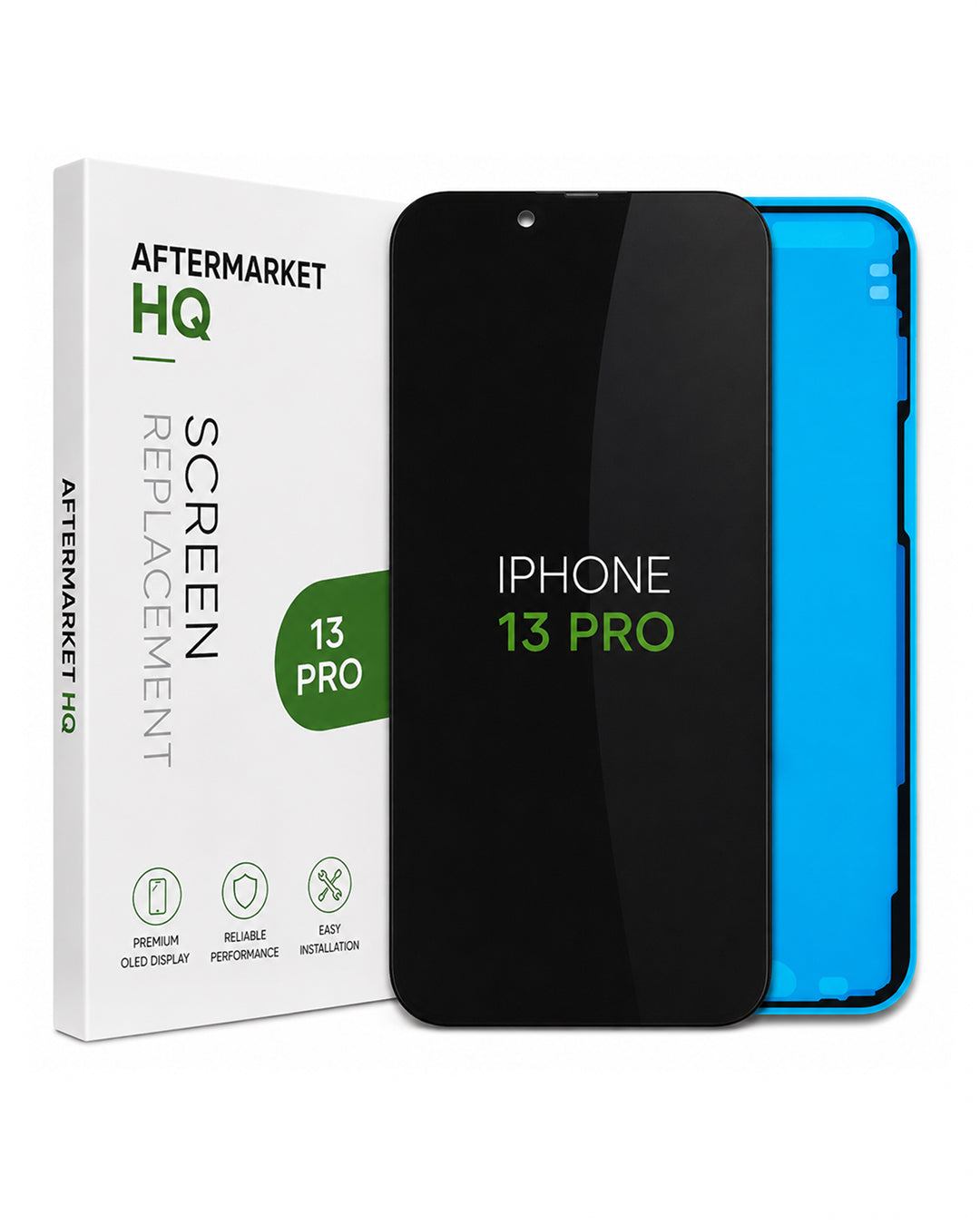 Aftermarket HQ screen replacement film shown with its white retail box and a black smartphone mockup displaying 'IPHONE 13 PRO' text, alongside a bright blue phone edge visible behind it on a white background.