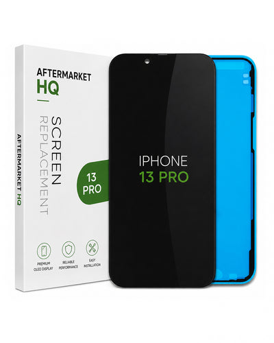 Aftermarket HQ screen replacement film shown with its white retail box and a black smartphone mockup displaying 'IPHONE 13 PRO' text, alongside a bright blue phone edge visible behind it on a white background.