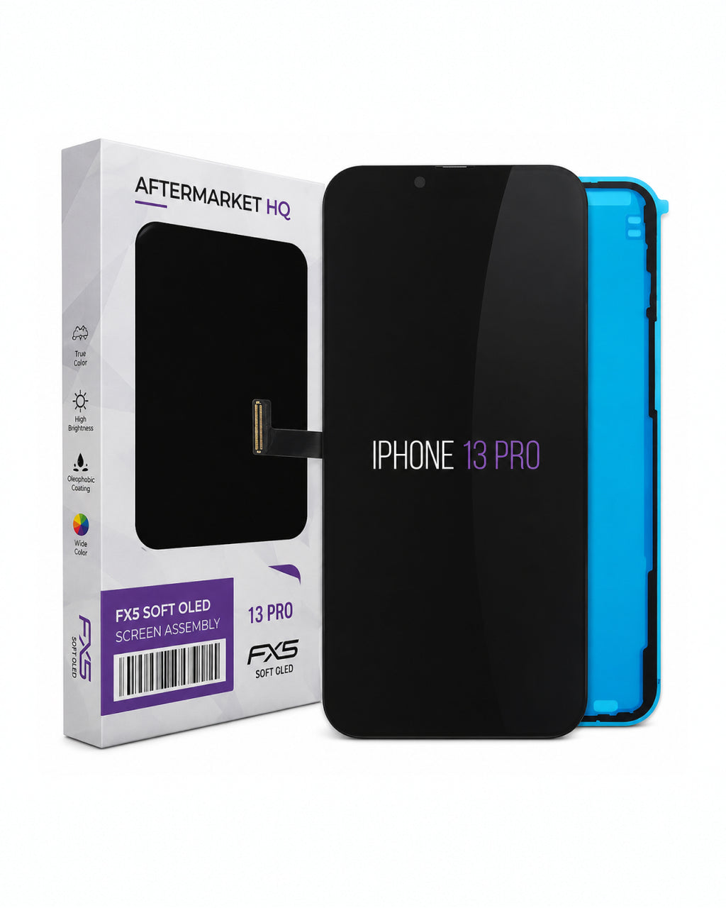Aftermarket HQ iPhone 13 Pro FXS soft OLED screen assembly, showing the black replacement screen panel with a flex cable connector, a blue protective liner, and its white retail packaging box.